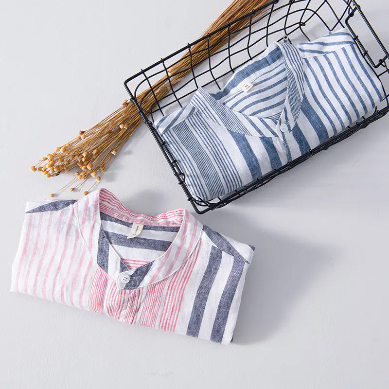Men's Summer Striped Linen Short Sleeve Shirt
