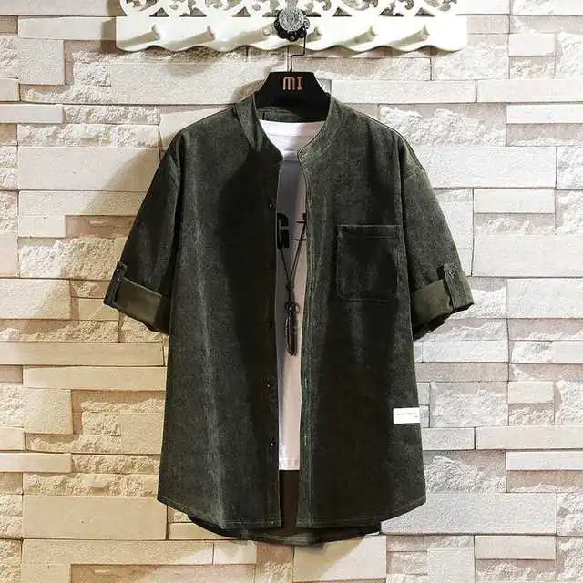 Casual Men's Loose Shirt with Pockets and Stand Collar