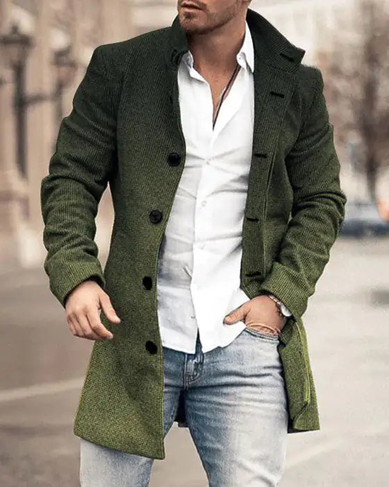 Men's Woolen Stand Collar Medium Long Pocket Coat