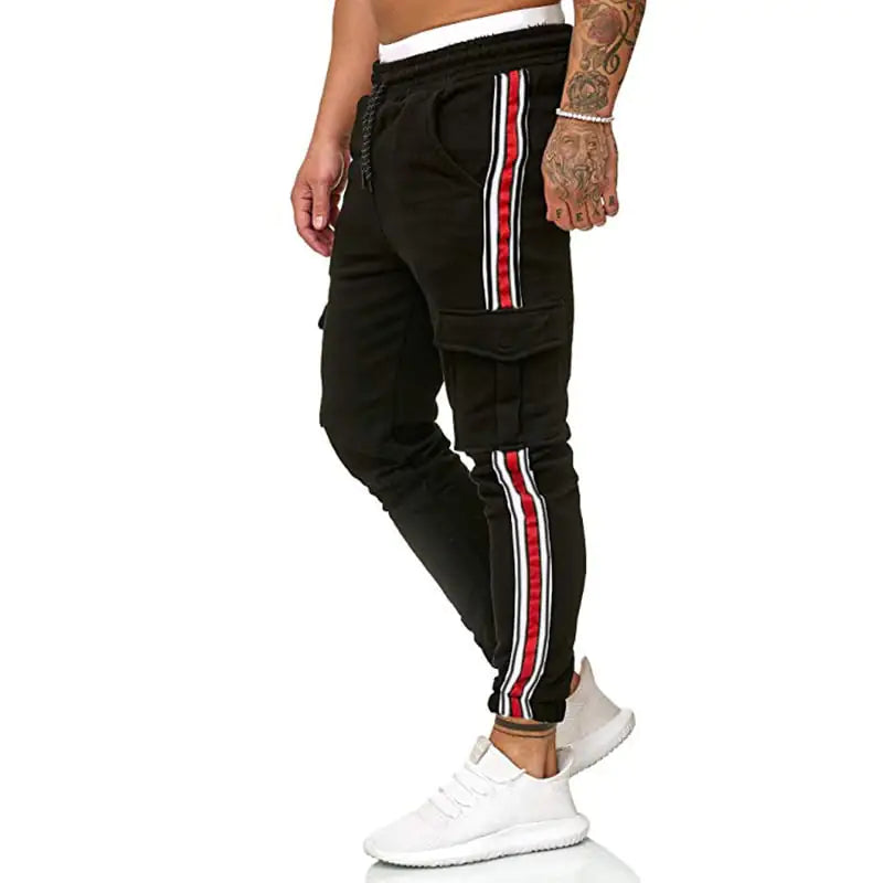Men's Striped Drawstring Knee Pocket Casual Trousers