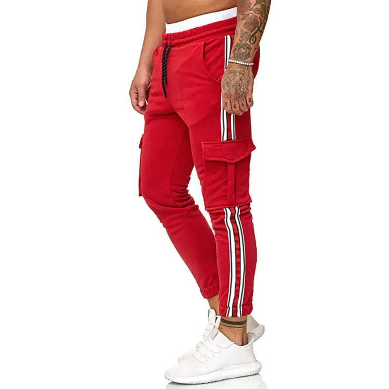 Men's Striped Drawstring Knee Pocket Casual Trousers
