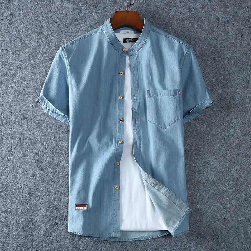 Casual Round Neck Denim Short Sleeve Shirt