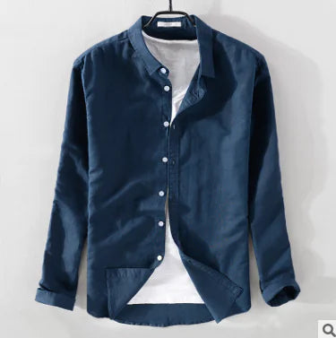 White Cotton Linen Long Sleeve Shirt for Youth Casual