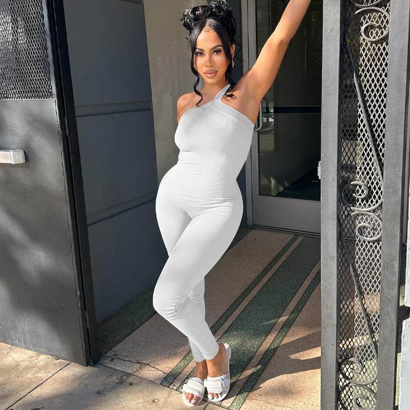 Ladies One Shoulder Solid Color Yoga Jumpsuit