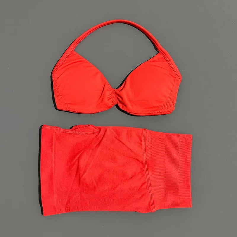 2 Piece Impact Sports Set Women Strappy Yoga Bra Gym Workout Scrunch Shorts Sports Suit Fitness Clothes Seamless Yoga Set