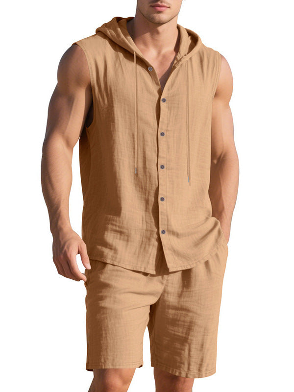 Men's Linen Hooded Vest and Shorts Set