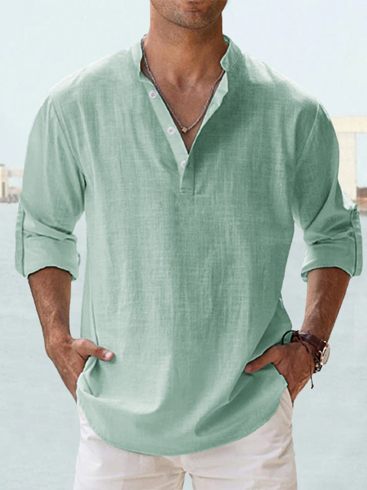 Mens Linen Collar Long Sleeve Cotton Shirt
