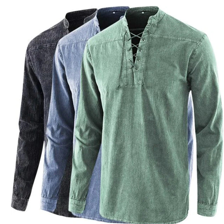Mens Retro Stand Collar Long Sleeve Shirt