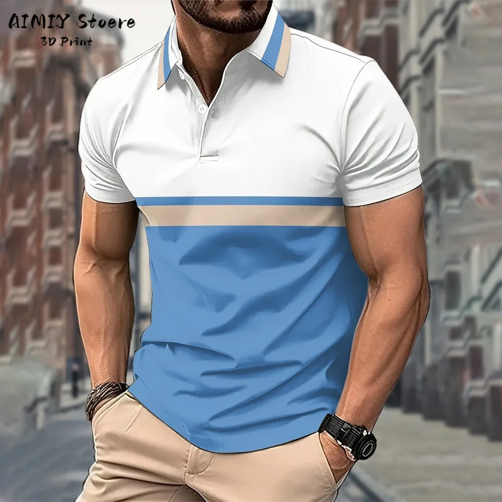 Men's Polo Shirt Striped Polo Shirt Casual Men's Top Short Sleeve Lapel Shirt White Base Gray Stripe Versatile Business Wear