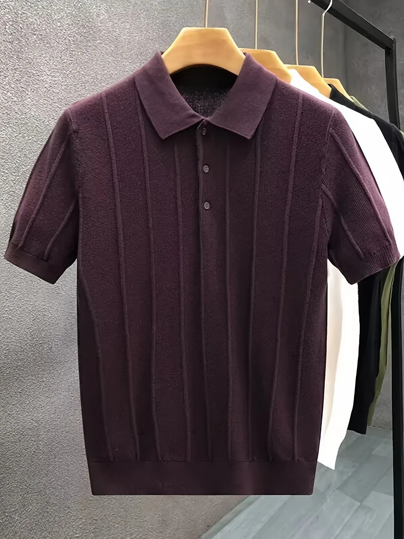 High-end luxury vertical stripe texture short-sleeved Polo shirt knitted top for men - summer new style solid-colored collar woo
