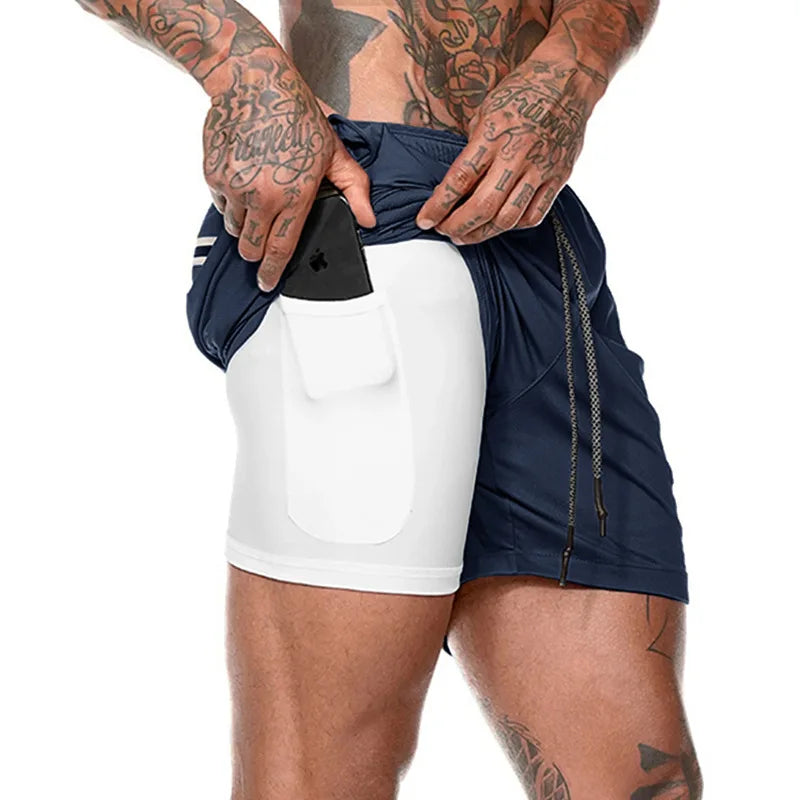 2 in 1 Compression Shorts for Men Gym Workout Running Shorts with Phone Pockets Athletic Quick Dry Activewear Training Jogging