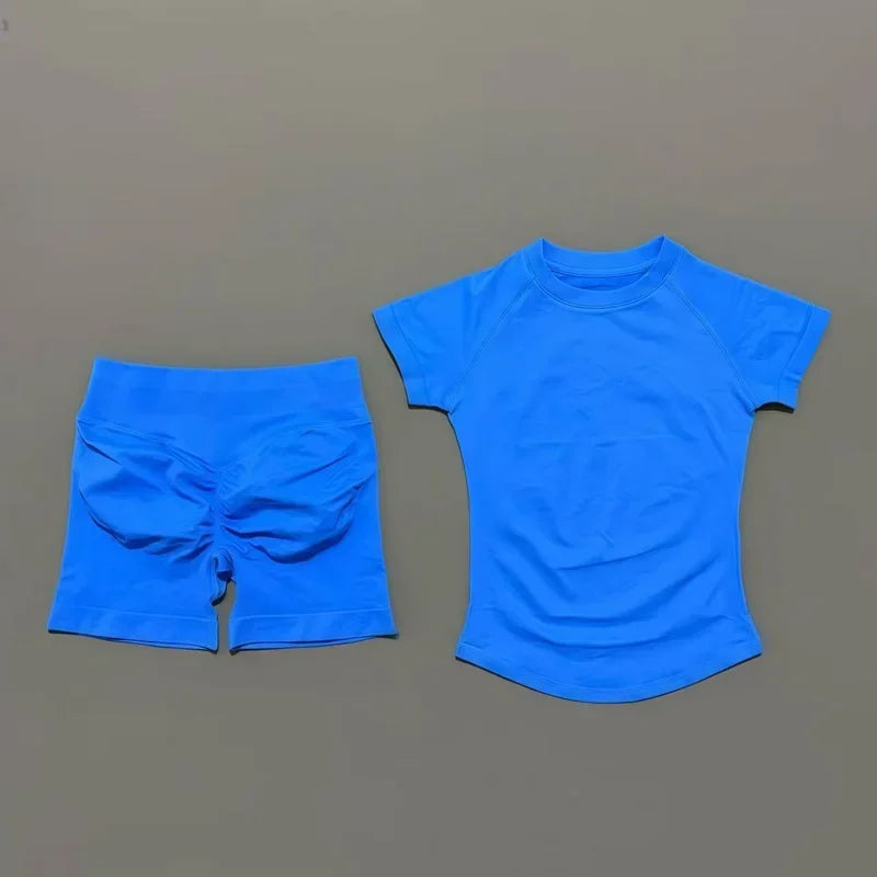 2 Pieces Impact Gym Sets Women Seamless knitted Yoga Short Sleeve Top Fitness Set Workout Running Sports Short Leggings Suit