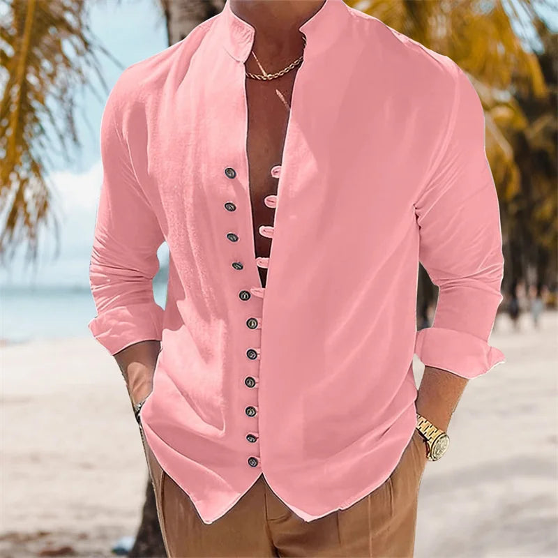 Men'S New Cotton and Linen Pocket Retro Stand-Up Collar Shirt
