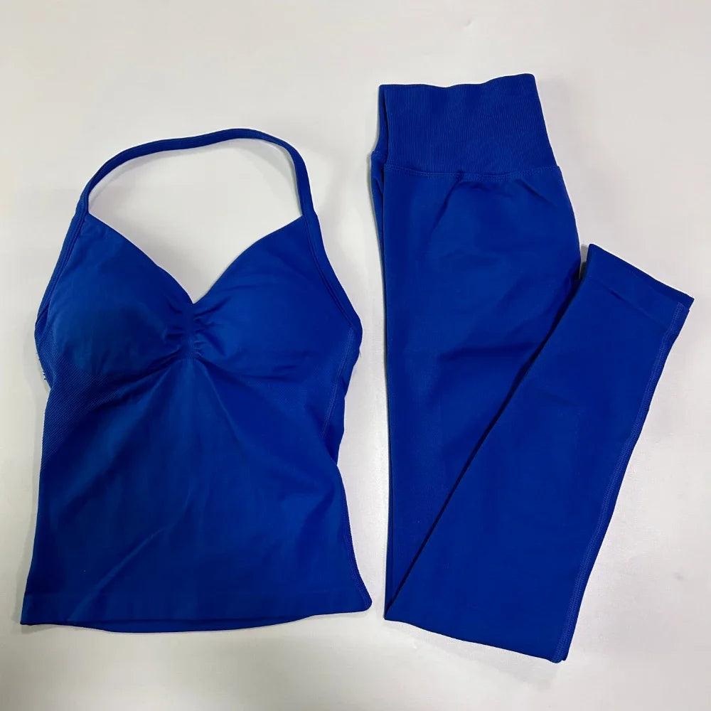 NO LOGO 2 Pieces Leggings Set Women Seamless Yoga Set Backless Tank Tops High Waist Scrunch Suit Fitness Scrunch Gym Sportswear