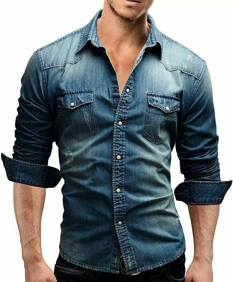 Men's Long Sleeve Denim Shirt Casual Solid Color Stitched
