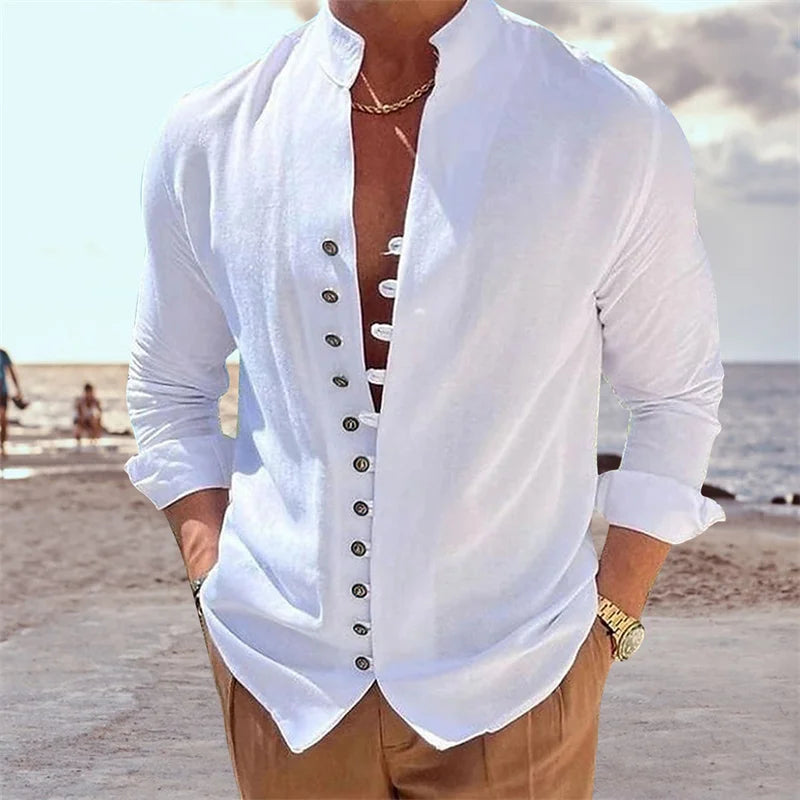 Men'S New Cotton and Linen Pocket Retro Stand-Up Collar Shirt