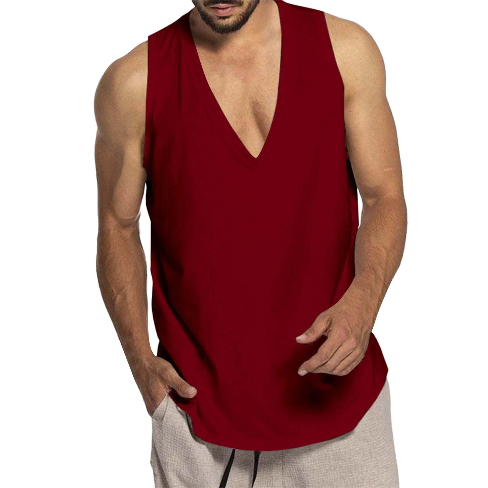 TMJSPOYOU Mens Deep V Neck Tank Tops Stretch Muscle Gym Workout Sleeveless Slim Fit Low Cut Tank Tops for Summer Beach