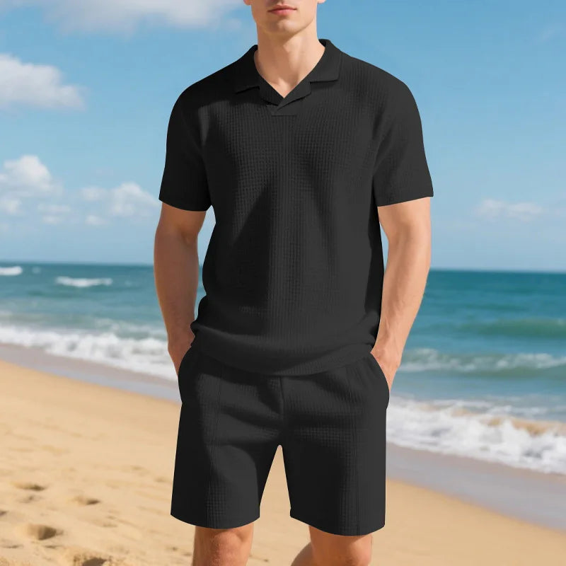 Balmacaan Collar Waffle-knit Polo Shorts Set