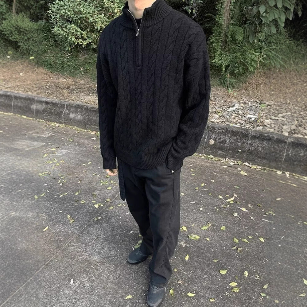 Half-Zip Cable Knit Sweater Men Stand Collar