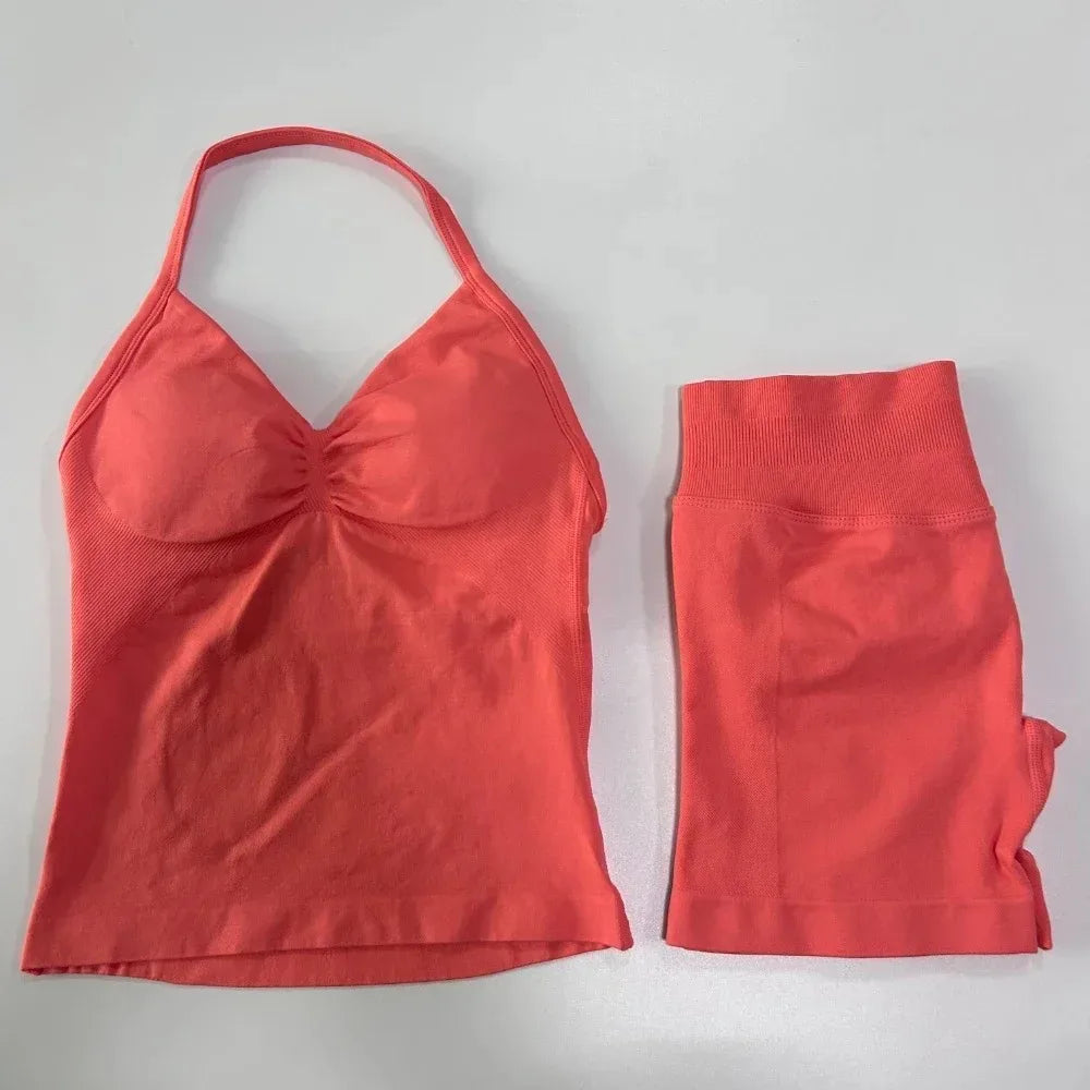 2 Pieces Sport Set Women Backless Tank Tops High Waist Scrunch Seamless Shorts Sport Suit Gym Set Sportswear Workout Set
