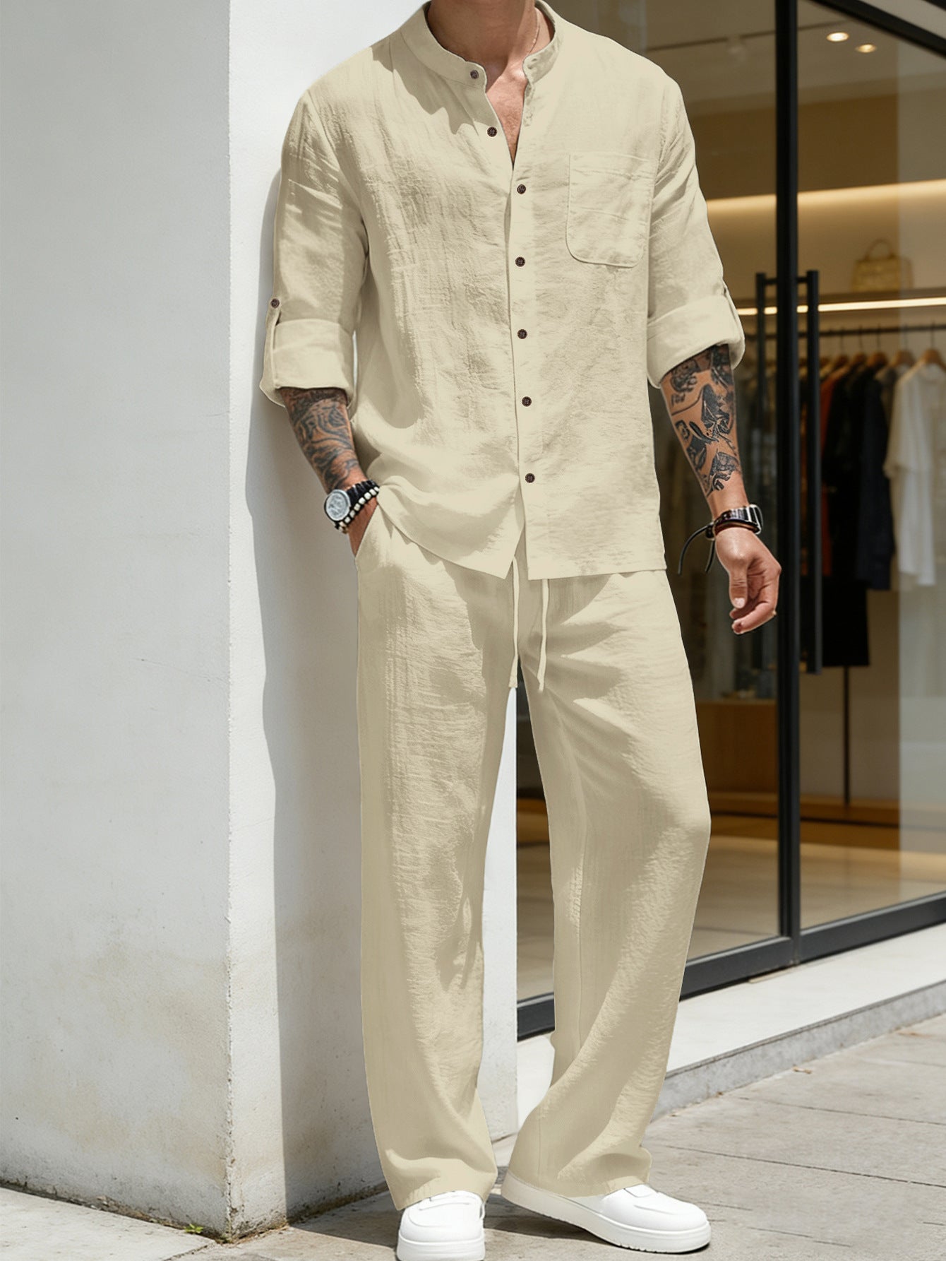 Mens Linen Stand Collar Shirt and Pants Set