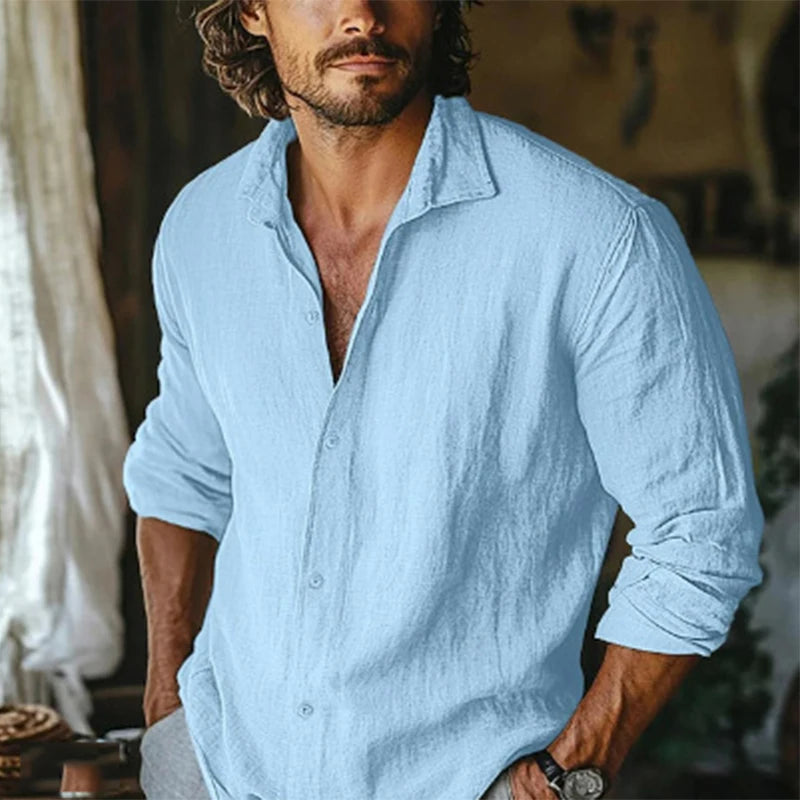 2025 Spring New Casual Solid Color Linen Shirt Mens Long Sleeve Button-up Turn-down Collar Leisure Shirts Vintage Men Clothing