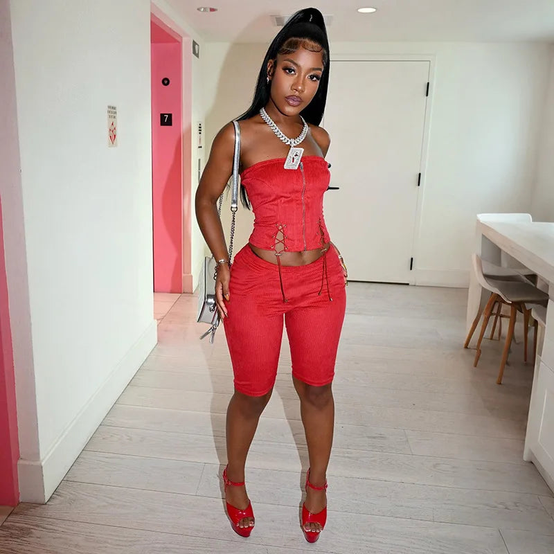 FAGADOER Sexy Drawstring Patchwork Woman 2 Piece Set Outfit Zip Sleeveless Backless Crop Top + Shorts Matching Female Streetwear