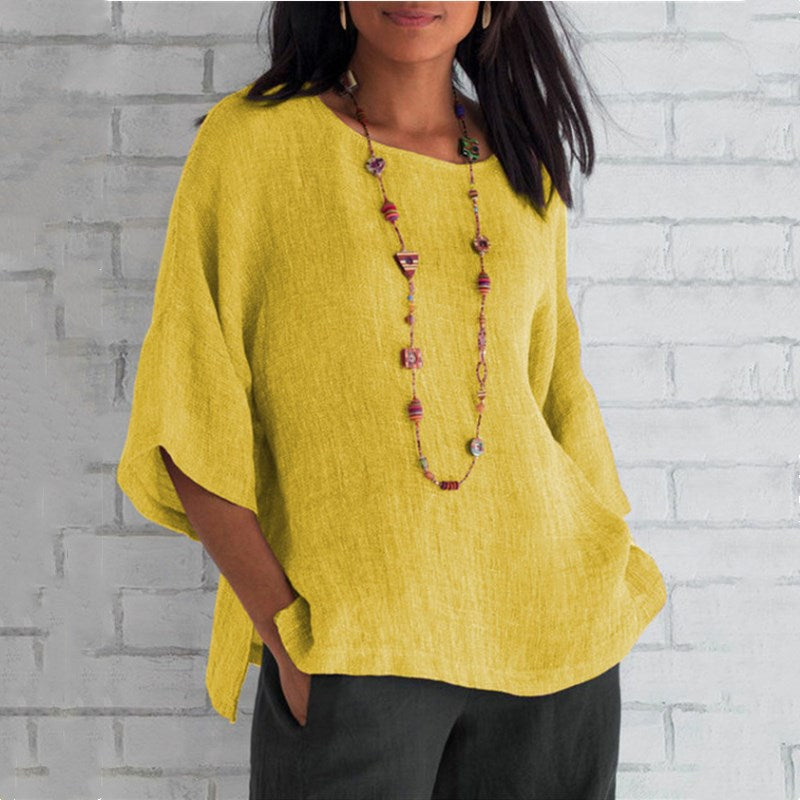 The Women's Three-Quarter Sleeve Round Neck Linen Shirt Top