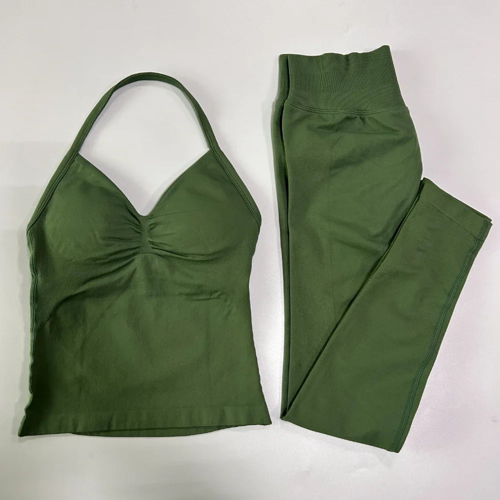 NO LOGO 2 Pieces Leggings Set Women Seamless Yoga Set Backless Tank Tops High Waist Scrunch Suit Fitness Scrunch Gym Sportswear