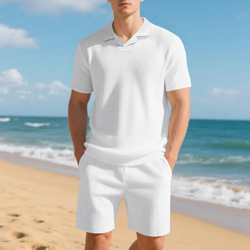 Balmacaan Collar Waffle-knit Polo Shorts Set