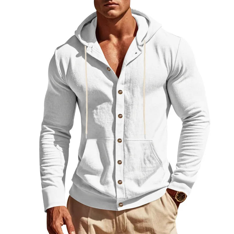 2026 Cross-border spring and autumn new American loose men's shirt loose linen casual simple beach hooded long-sleeved lining