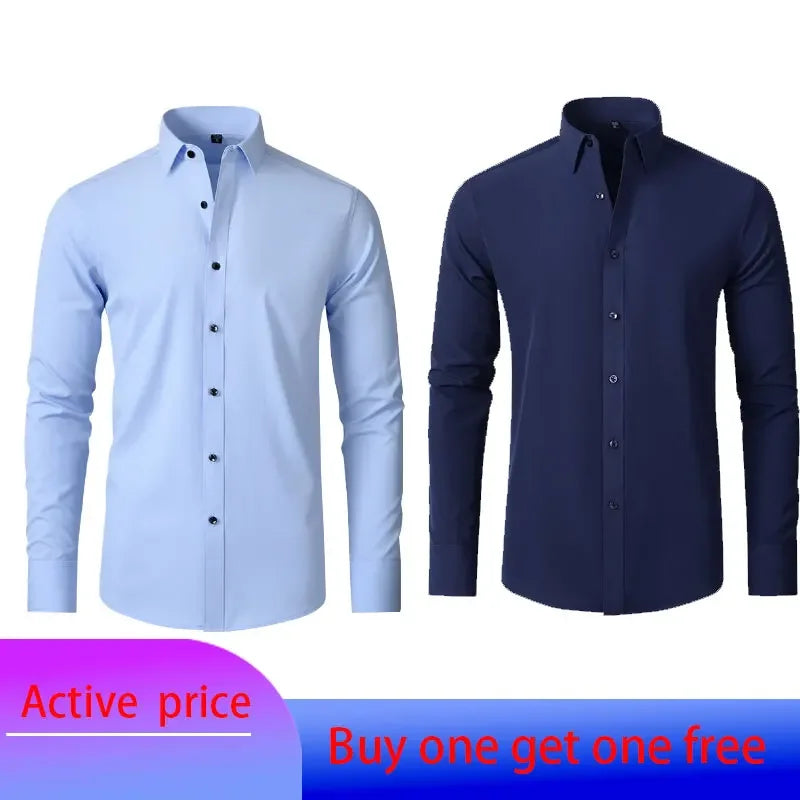 6xl New summer black men's shirt elastic force non-iron long-sleeved business casual shirt solid color mercerized vertical