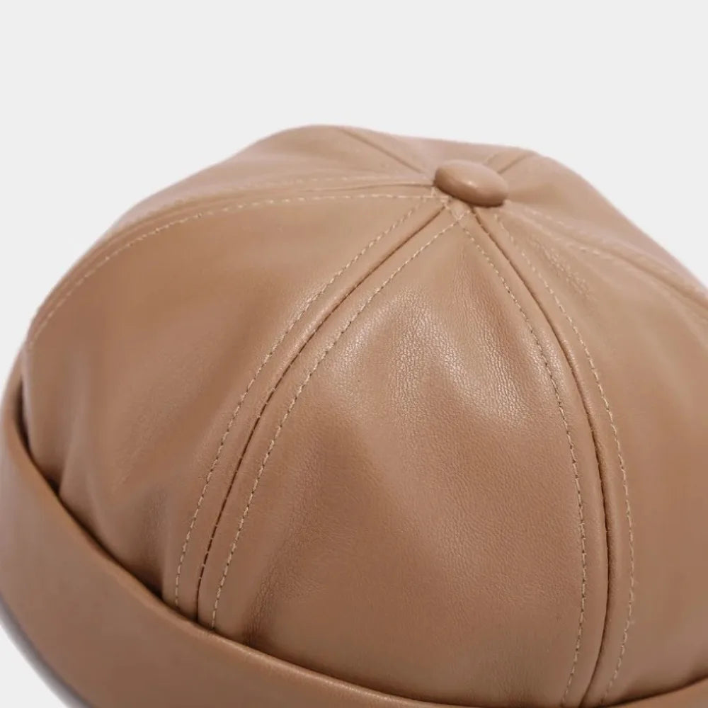 Casual Retro Brimless Hat PU Leather Adjustable Melon Skin Caps Solid Color Docker Cap Autumn Winter