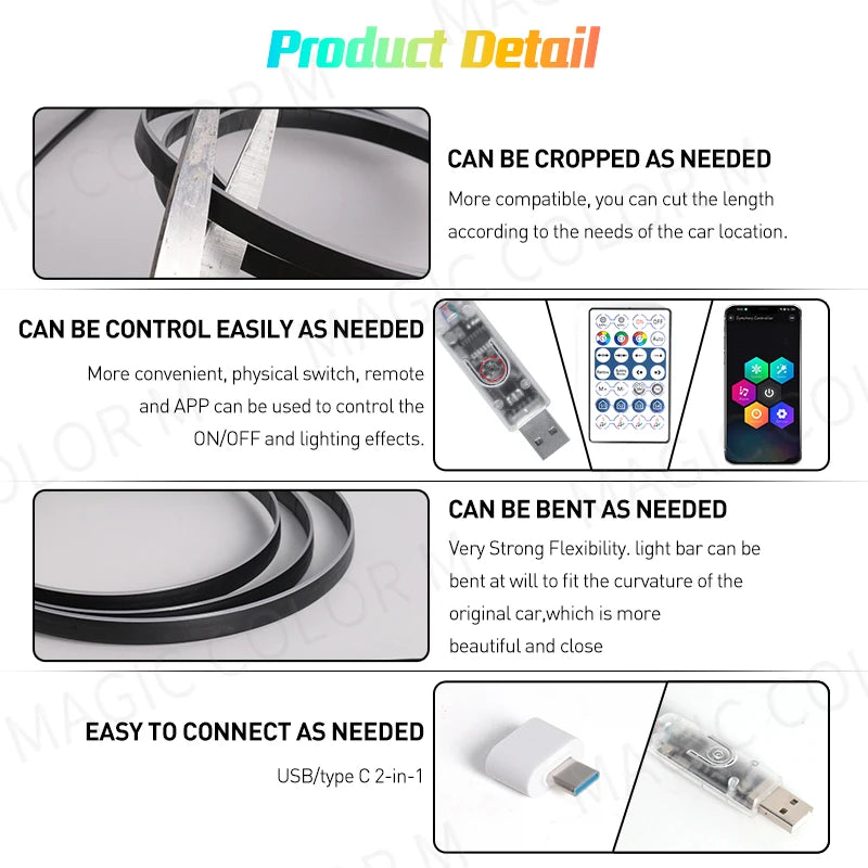 Vegetting 140cm Car Ambient Lights LED Interior RGB Symphony Atmosphere Lamp USB APP Control Remote for Tesla Model 3 Y S X