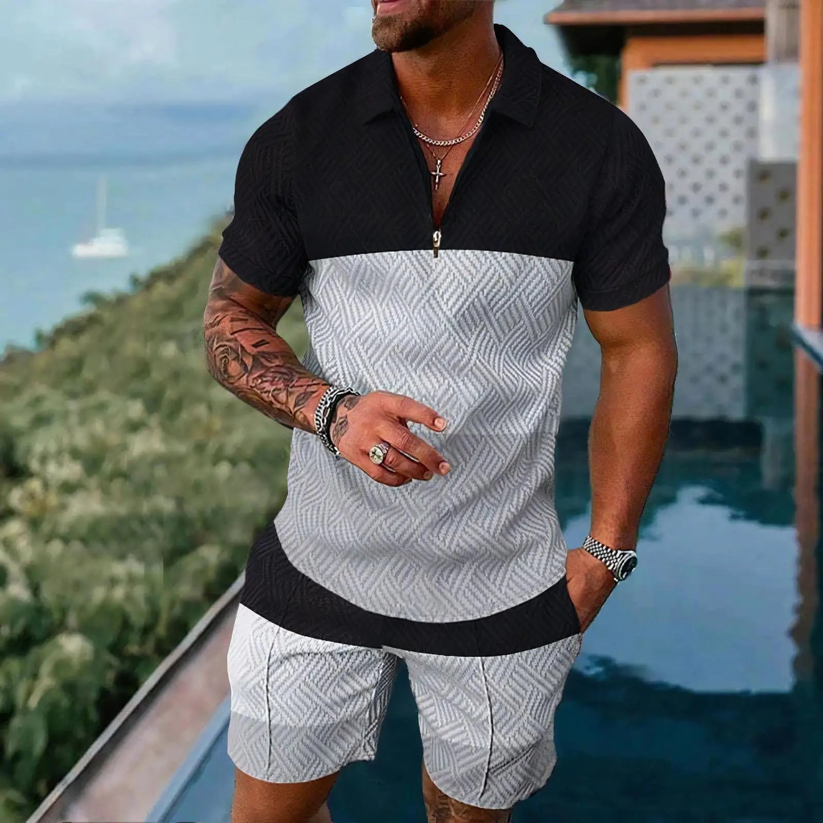 New White Plaid Graphic Men's Polo Shirt Sets