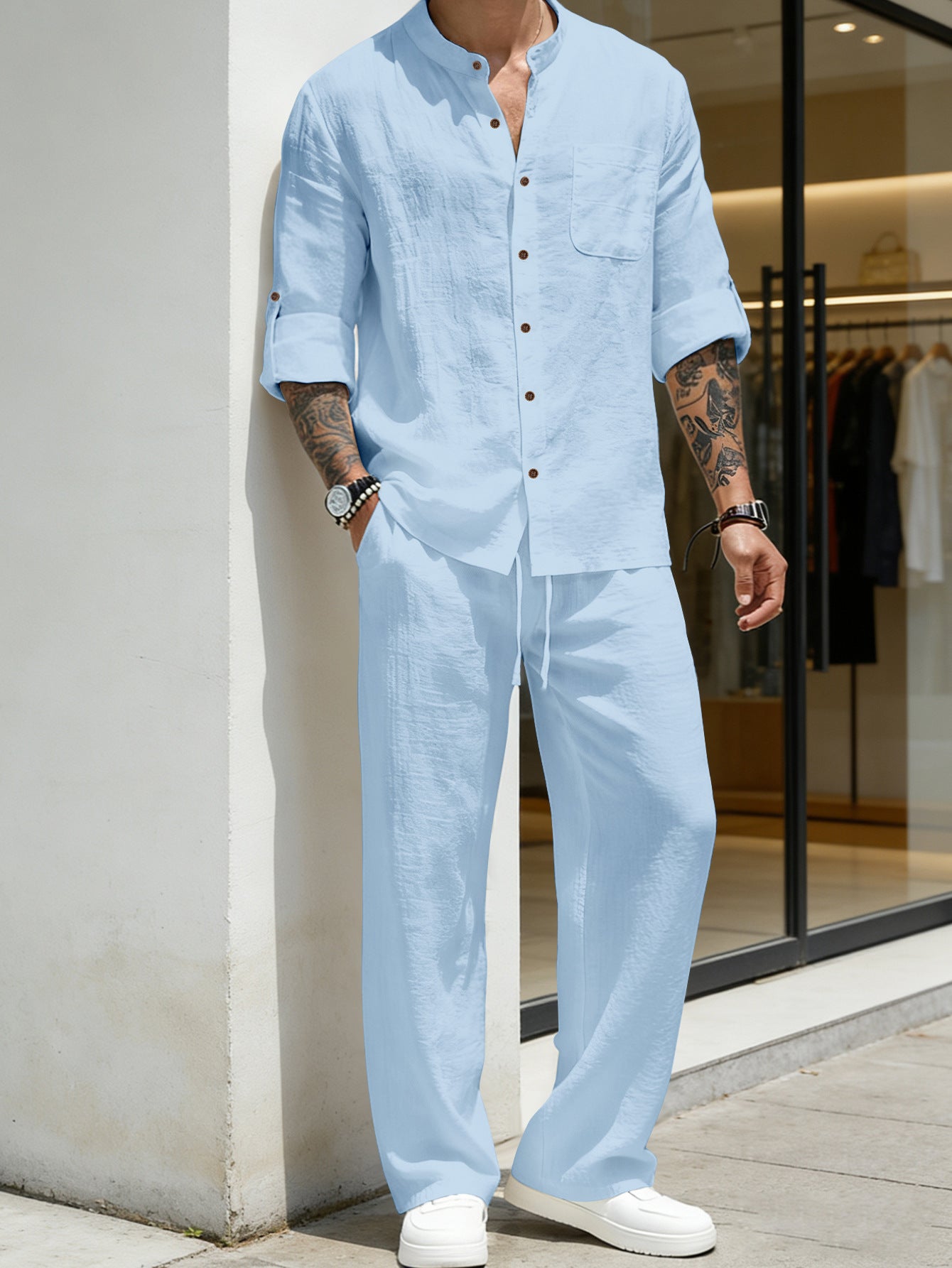 Mens Linen Stand Collar Shirt and Pants Set