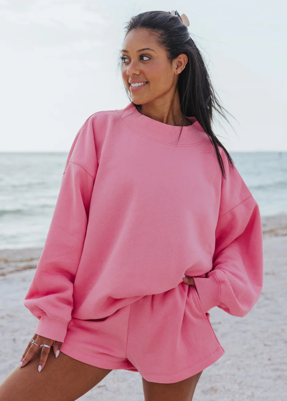 Round Neck Sweatshirt and Shorts Set