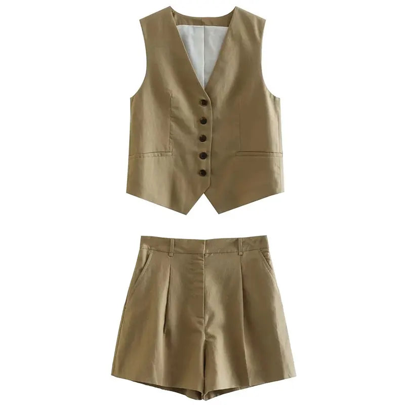 HH Fashion Vintage Sets For Women 2 Pieces Solid Linen V Neck Waistcoat Single Breasted Loose Vest Top Chic Casual Short Y2k