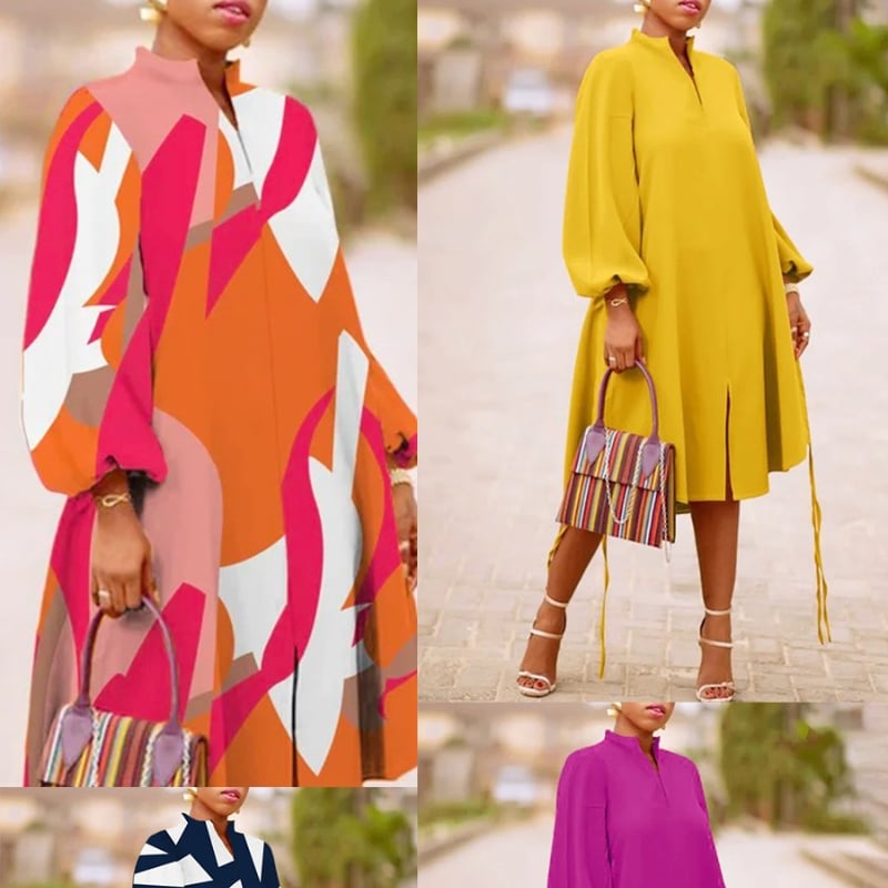 Women's V-neck Long Sleeve Dress with Lantern Sleeves