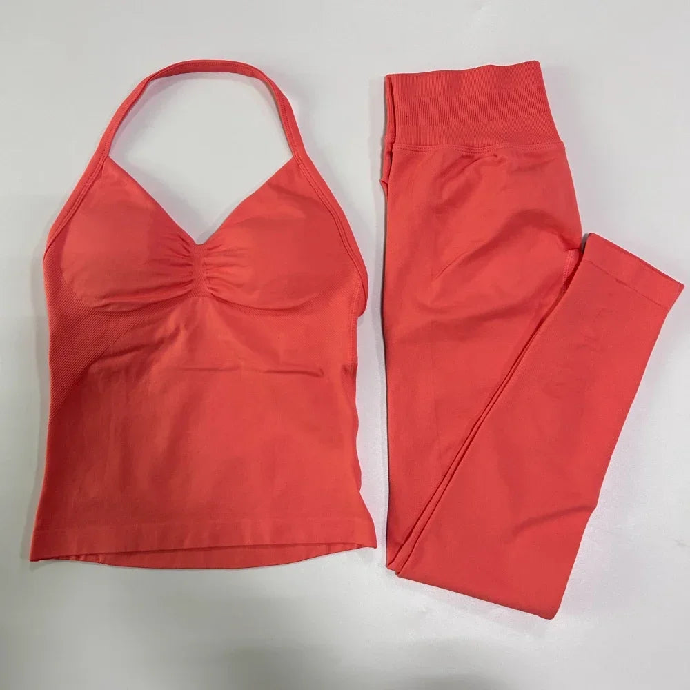 NO LOGO 2 Pieces Leggings Set Women Seamless Yoga Set Backless Tank Tops High Waist Scrunch Suit Fitness Scrunch Gym Sportswear