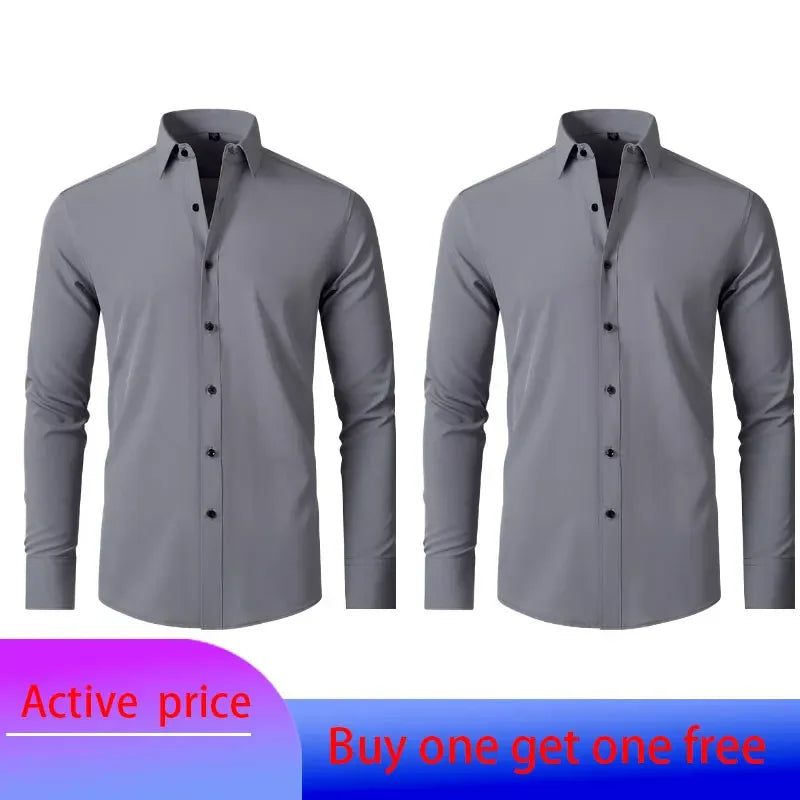 6xl New summer black men's shirt elastic force non-iron long-sleeved business casual shirt solid color mercerized vertical