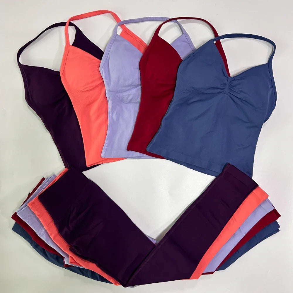 NO LOGO 2 Pieces Leggings Set Women Seamless Yoga Set Backless Tank Tops High Waist Scrunch Suit Fitness Scrunch Gym Sportswear