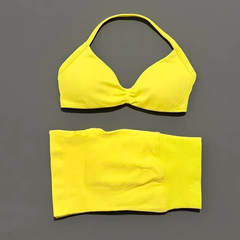 2 Piece Impact Sports Set Women Strappy Yoga Bra Gym Workout Scrunch Shorts Sports Suit Fitness Clothes Seamless Yoga Set