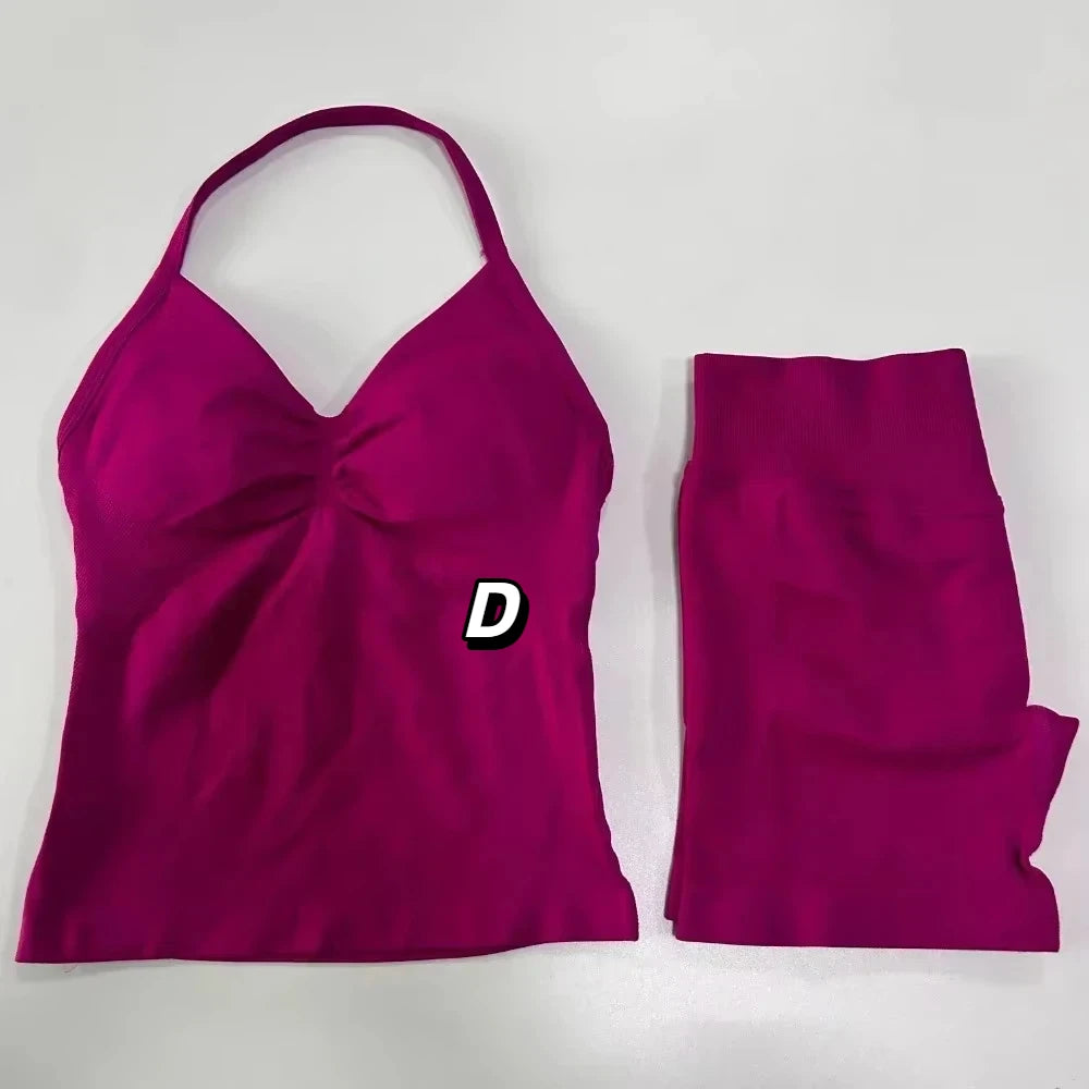 2 Pieces Sport Set Women Backless Tank Tops High Waist Scrunch Seamless Shorts Sport Suit Gym Set Sportswear Workout Set