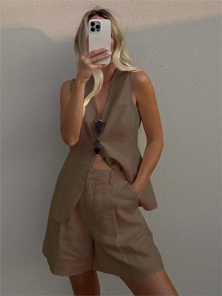 New Summer Women 2 Piece Cotton Linen Shorts Set, Fashion Office Lady Button Tank Vest Top Pocket Shorts Suit, Casual Outfits