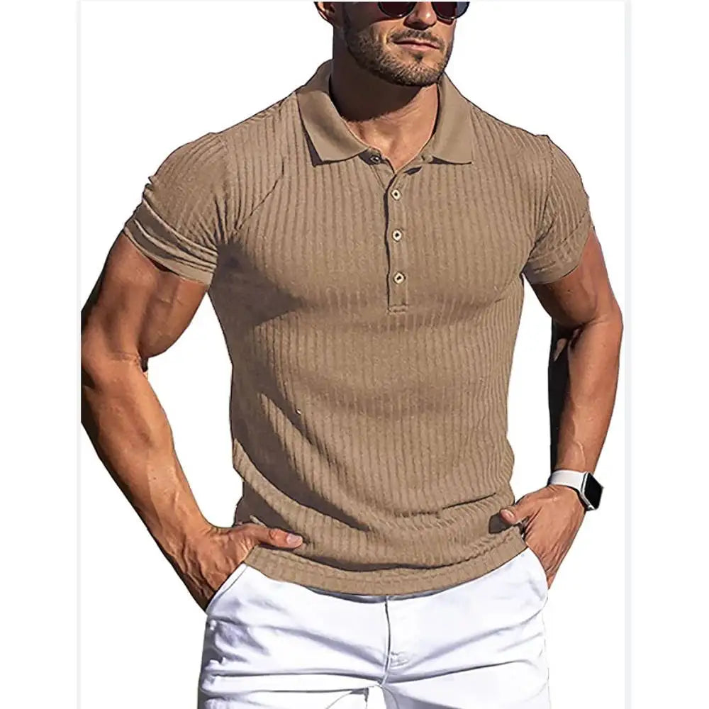 High Stretch Ice Silk Knit Stripe POLO Shirts Mens Slim Short-Sleeve Tops Tee Tshirt Lapel Neck Undershirt