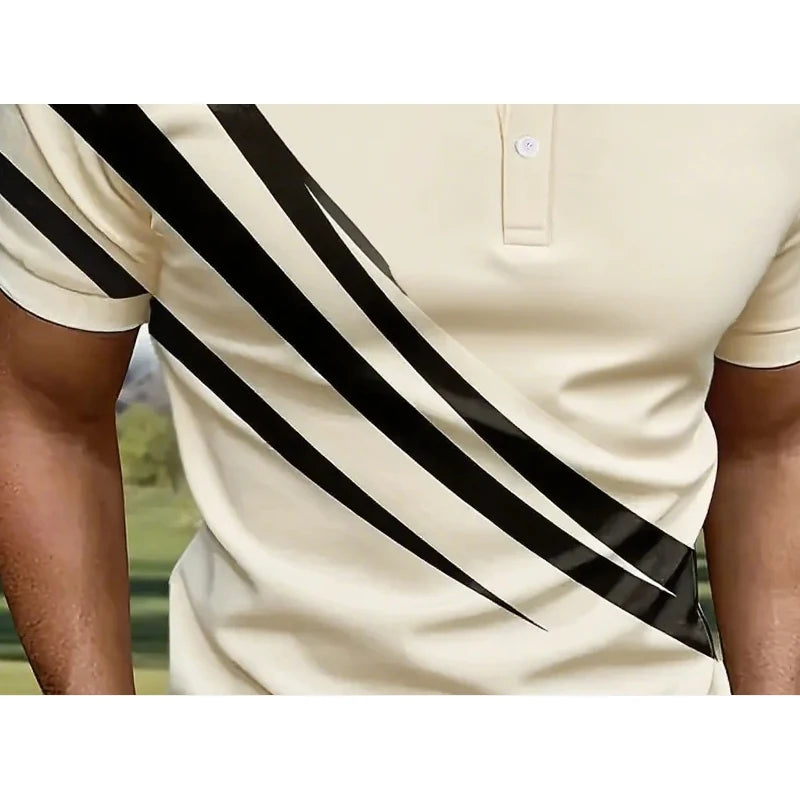 Summer Variegated Pattern Design Men's Short Sleeved White Button-up Polo Shirt Comfortable and Casual Daily Wear 100% Polyester