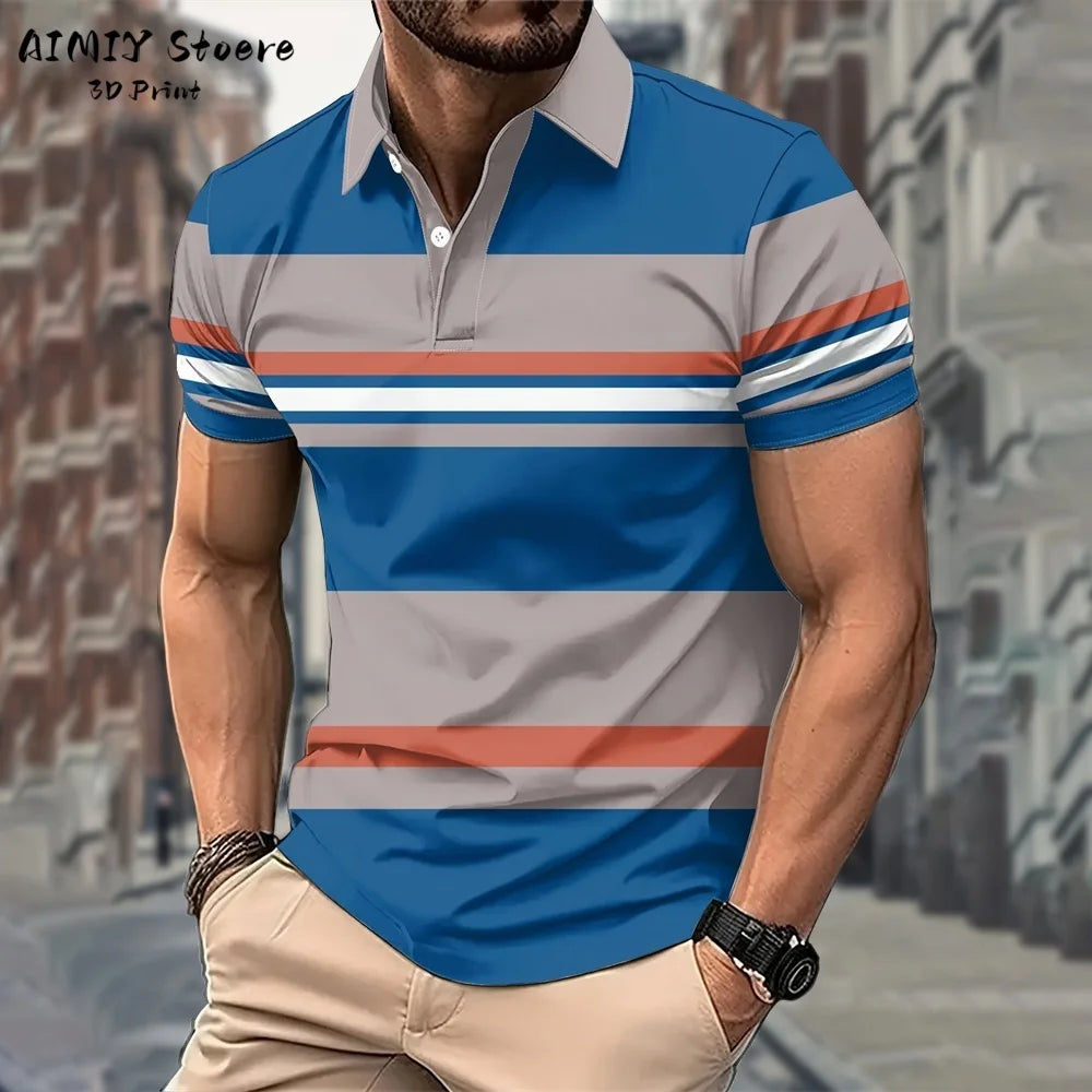 Men's Polo Shirt Striped Polo Shirt Casual Men's Top Short Sleeve Lapel Shirt White Base Gray Stripe Versatile Business Wear