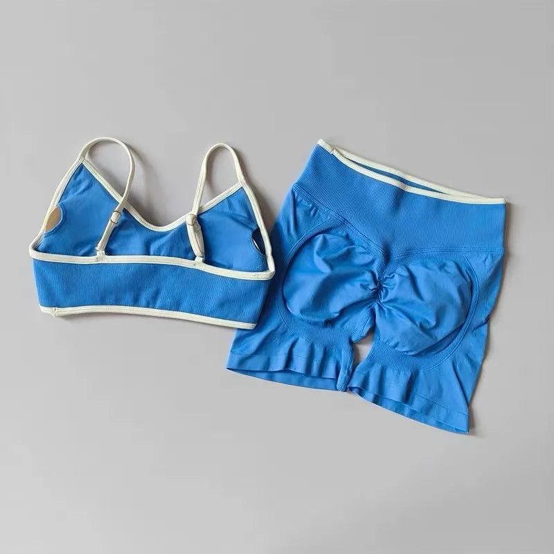 Peach Buttock Yoga Suit Women Gym Seamless Suspender Gathering Bra High Waist Hip Lifting Belly Tightening Shorts Fitness Set