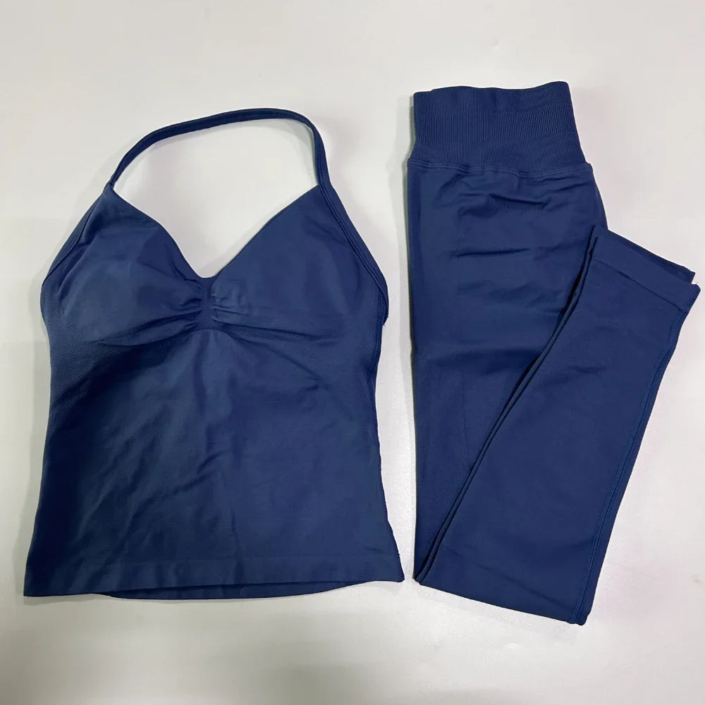 NO LOGO 2 Pieces Leggings Set Women Seamless Yoga Set Backless Tank Tops High Waist Scrunch Suit Fitness Scrunch Gym Sportswear